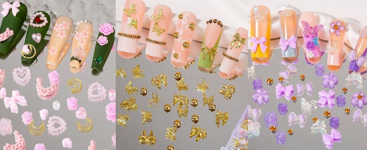 8000pcs 3D Nail Charms and Nail Gems, Cute Nail Rhinestones and Charms Y2K for Nails Nesign, Variety Butterfly Bow Moon Star Flower Junk Case Charms Gold Pearls Nail Jewels for Nail Art Decorations
