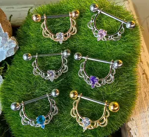 PAIR CZ Center Lacey Filigree Drop Nipple Shields Rings Body Jewelry