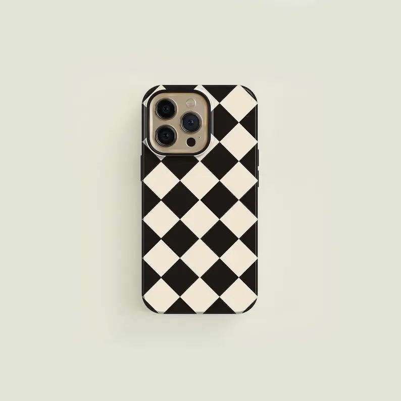 Diamond Checkered Black & Cream Premium Film 2-in-1 Smartphone Casing - Durable, Shock-Absorbing, Stylish Protection for Handheld Cellphone Devices - Compatible with iPhone 16,15,14,13,12,11,Plus,Pro,Pro Max - Ideal Birthday Gift