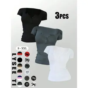 3pcs Women's Casual Fashion Sporty Multi-Button Round-Neck Solid Color Short Sleeve Tops Mix & Match Multi-Pack