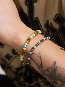 Men's Turquoise Beaded Bracelet, Trendy Fashion Wooden Beads, Versatile High-End Style, Men's Jewelry Accessory