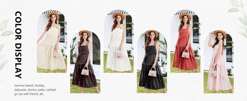 Ebossy Women's Basic Minimalist Sleeveless Laced Embroidered Tulle Bib Dress Casual Loose Adjustable Straps Maxi Dress Womenswear Boho Style