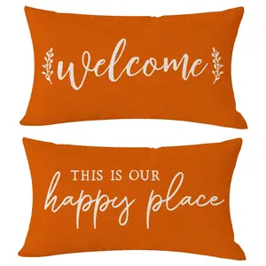 2pcs-Farmhouse Lumbar Decorative Throw Pillow Covers Welcome This is Our Happy Place Orange Outdoor Fall Front Porch Patio Decorations Cushion Cases for Home Couch Decor, Single Sided Printing, No Pillow Core