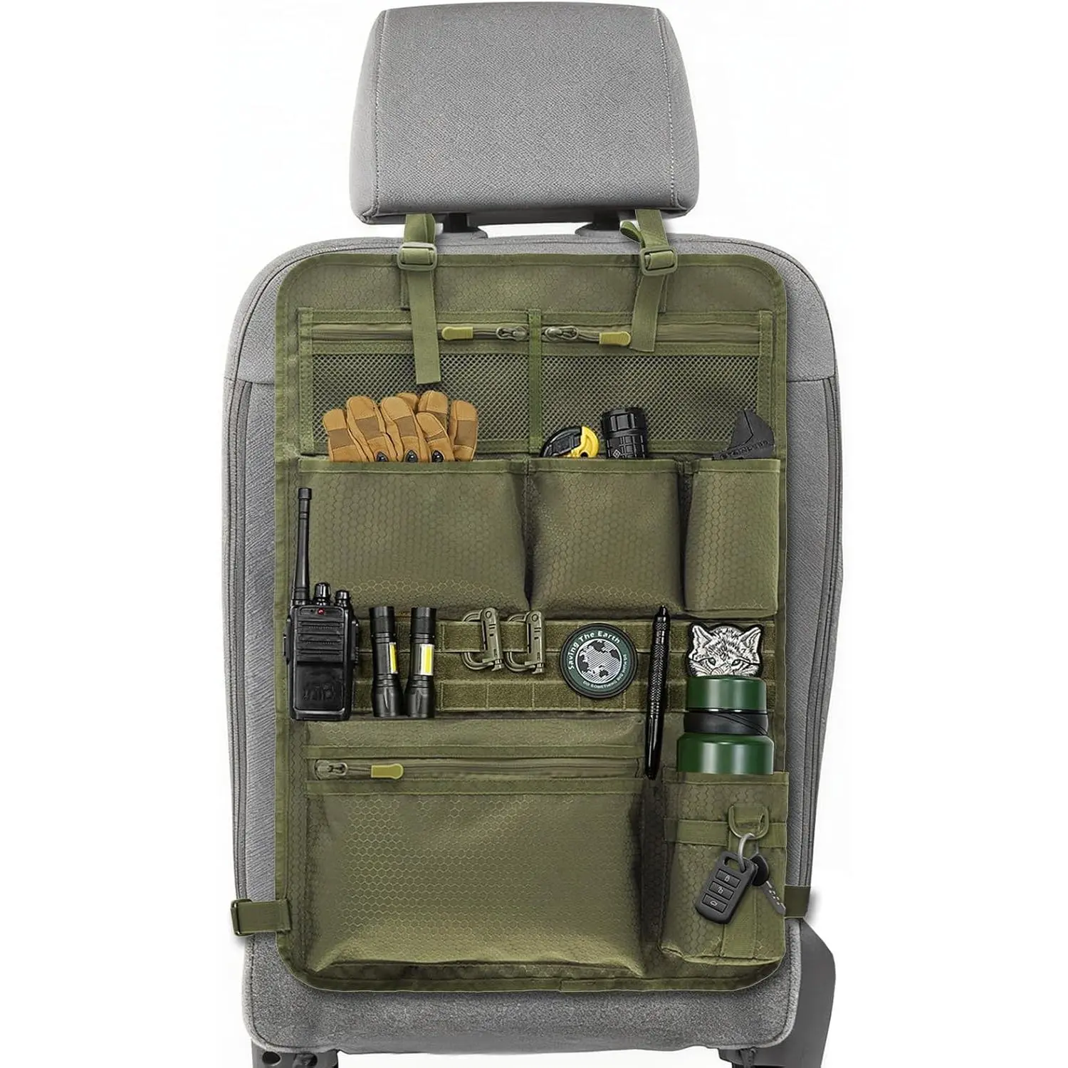Tactical Car Seat Organizer - Car Compatible Stowing & Tidying, Durable Nylon, Multiple Pockets, MOLLE Panel System, Mesh Compartments, Cup Holder, Water-Resistant Universal Vehicle Seat Back Storage