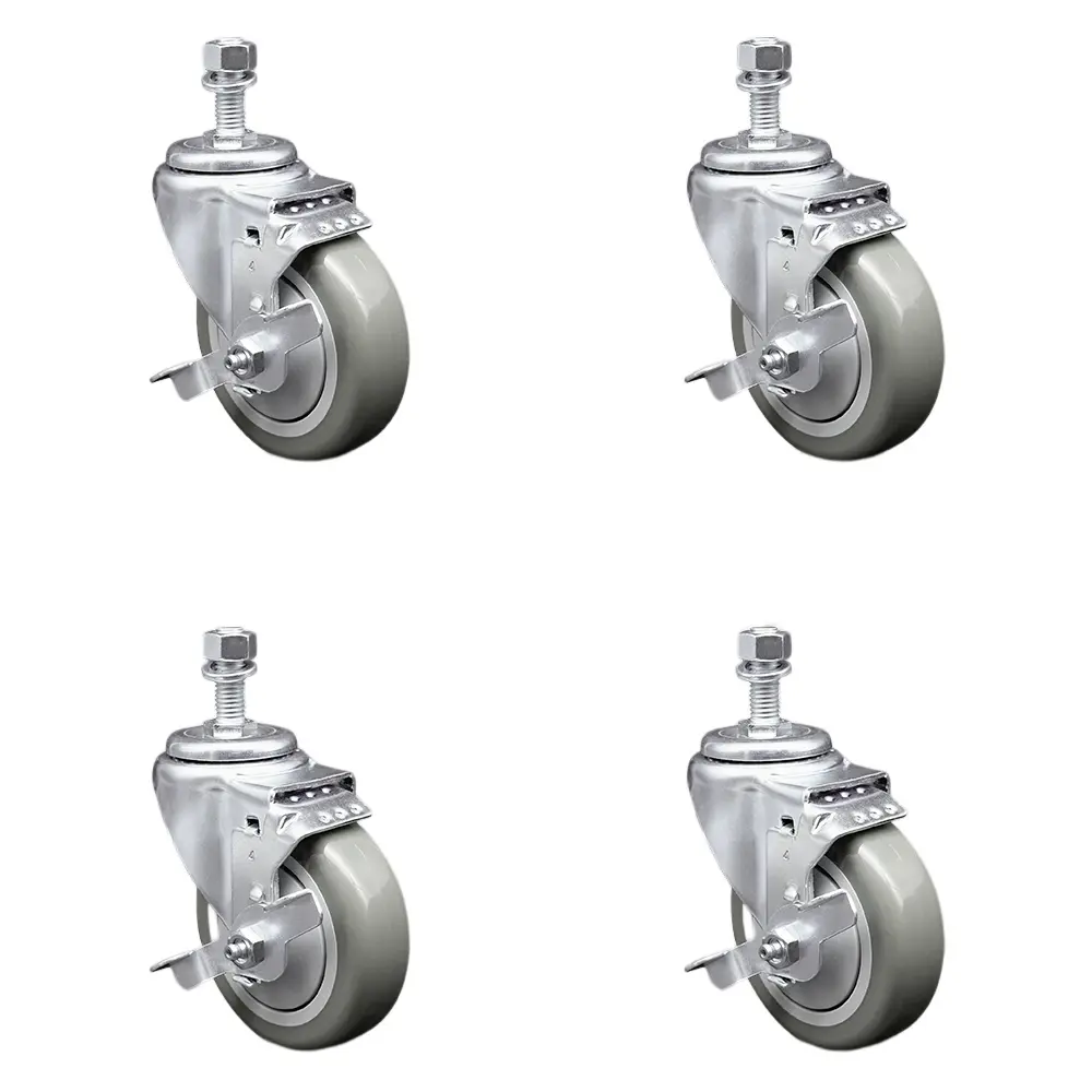 212 MAIN Heavy Duty Shiny Metal Stainless Steel Polyurethane Swivel Threaded Castors (4-Pack with Top Lock Brakes) - 4x1.25in Gray Lockable Wheels, 0.5in Stems, 1400lbs Capacity, for Carts/Furniture Moving (Model SCC-SSTS20S414-PPUB-TLB-121315-4), Furnitu