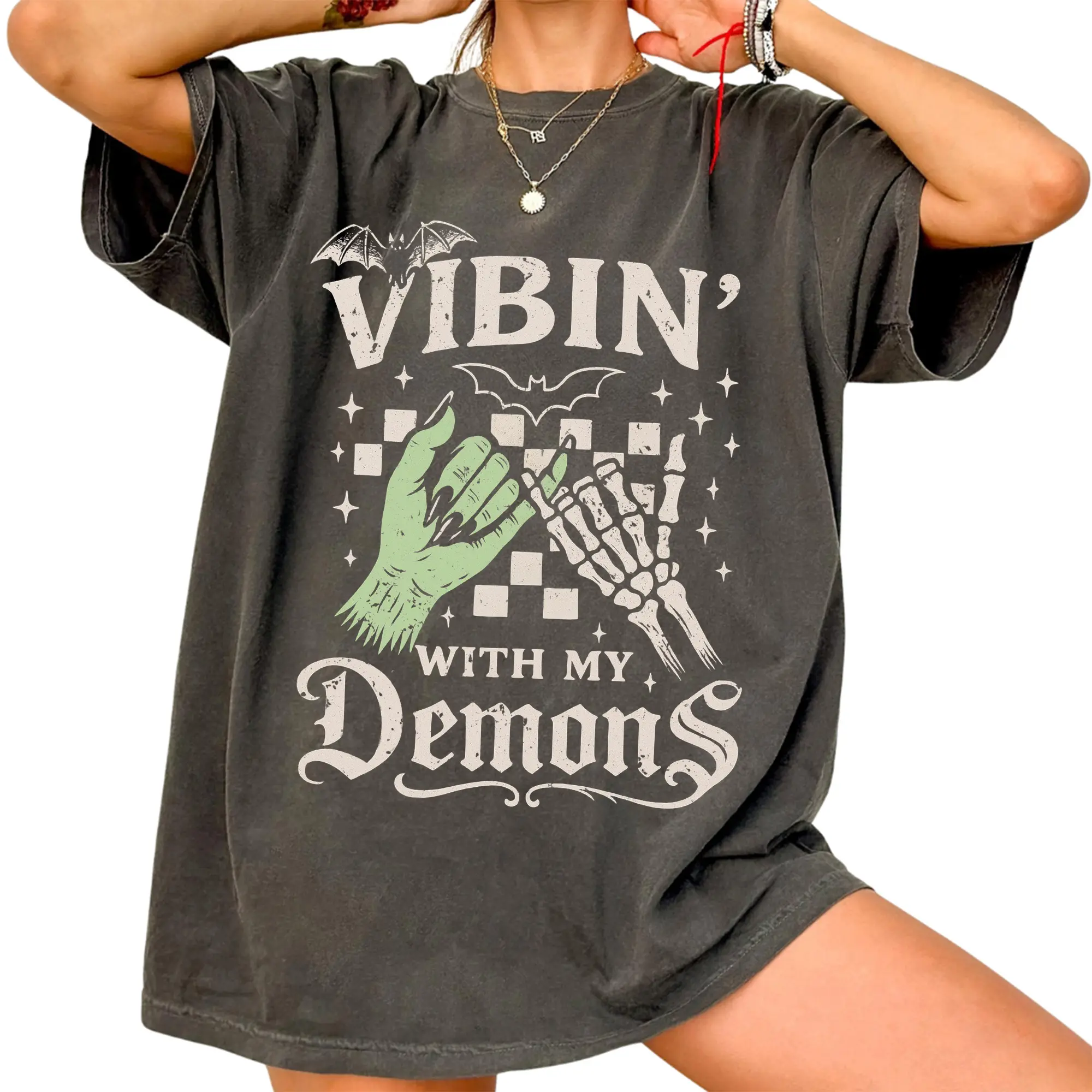 Vibin’ With My Demons Shirt, Halloween Skeleton Witch Graphic Tee, Funny Gothic Spooky Shirt, Creepy Cute Aesthetic Tee, Gift for Men, Gift for Women, Crew Neck T-shirt, Trending T-shirt