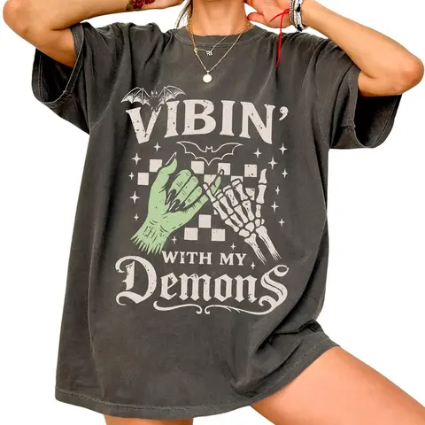 Vibin’ With My Demons Shirt, Halloween Skeleton Witch Graphic Tee, Funny Gothic Spooky Shirt, Creepy Cute Aesthetic Tee, Gift for Men, Gift for Women, Crew Neck T-shirt, Trending T-shirt