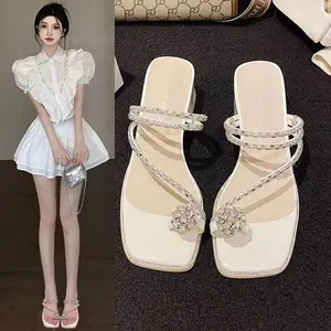 2025 Women's Transparent Heel Sandals - Crystal Embellished Toe-Post Slides |   Square Toe Chunky Heel Dressy Mules |   Summer Glam Strappy Sandals Girl Walking Shoes Footwear Tactical Decor