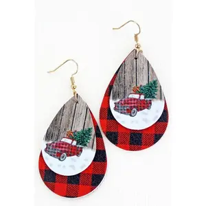 Faux leather Red truck Christmas earrings