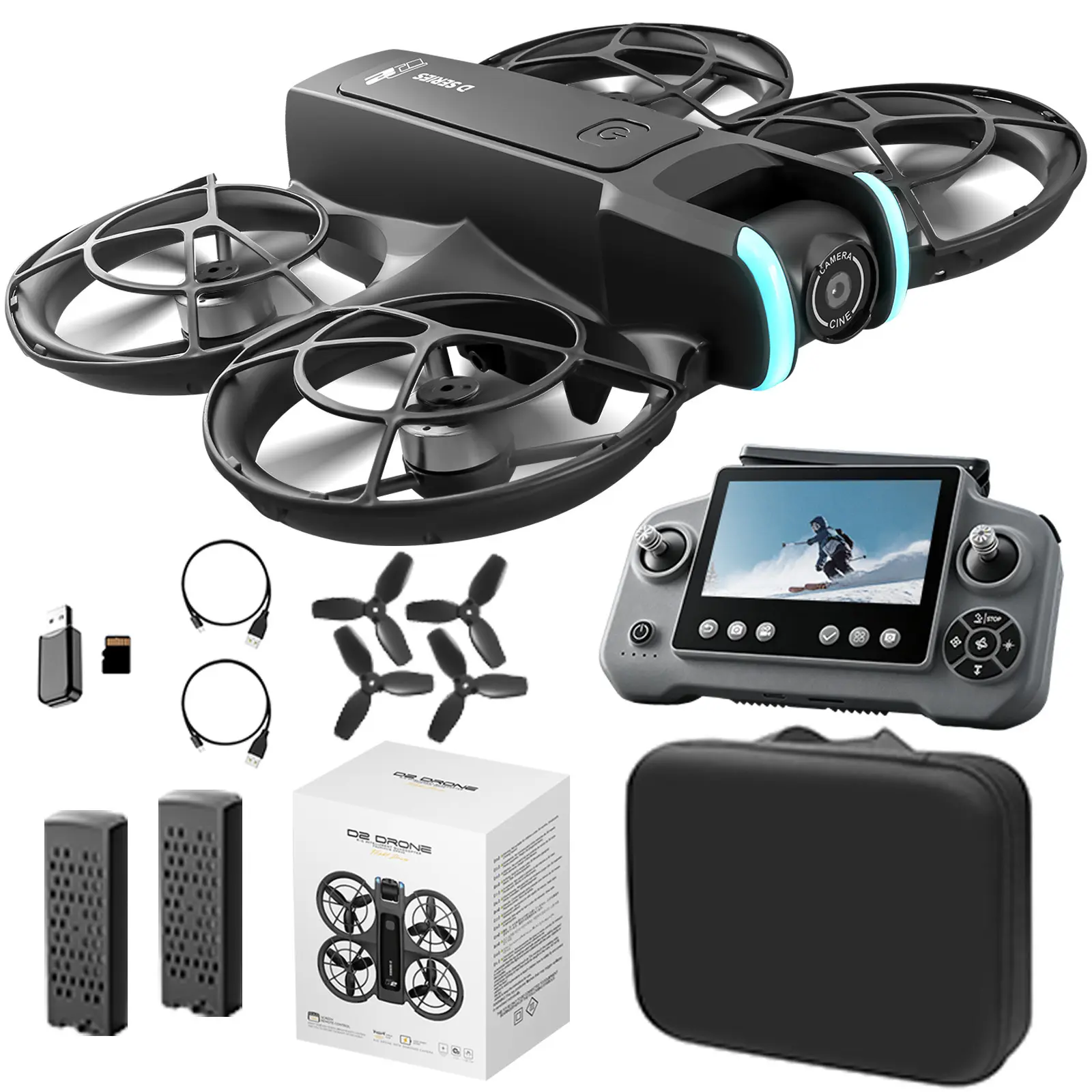Foldable Mini RC Quadcopter Drone with Plastic Body, Dual HD Camera, 4.3" Screen RC Controller, Brushless Motor, Optical Flow Hover, Altitude Hold, FPV, LED Lights, 2 LiPo Batteries, Full Propeller Guards for Adults & Beginners Drone Accessory Bundle