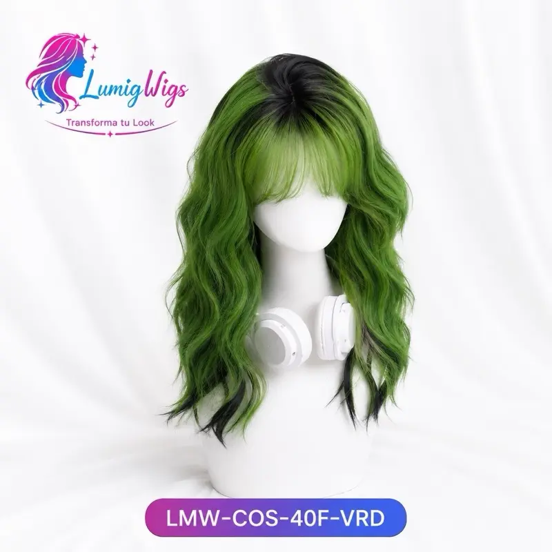 Green Wavy Cosplay Wig with Bangs - 30cm Short Synthetic Anime Costume Wig for Women & Men LMW-COS-40F-VRD