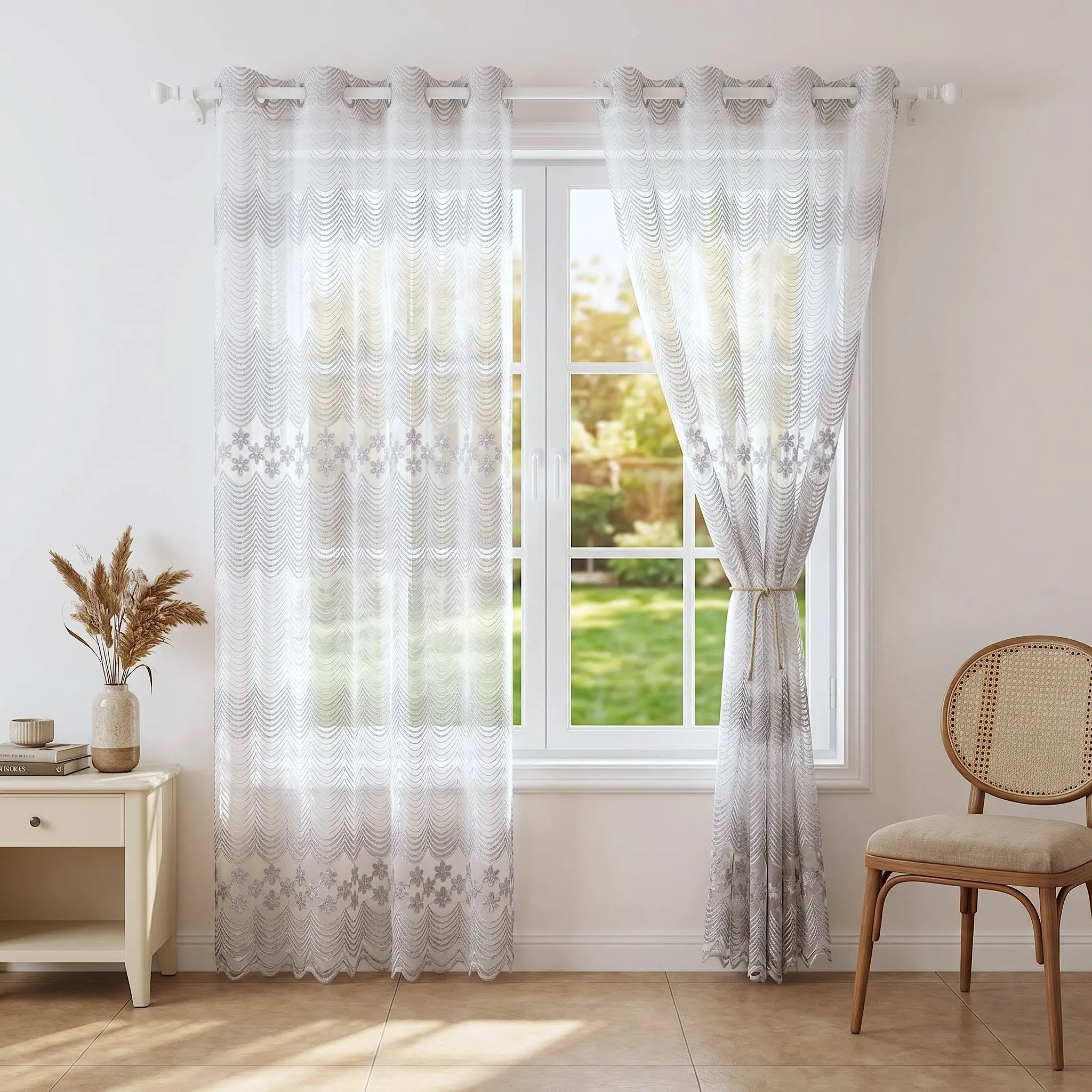 Non-Customised 2-Panel Luxury Embroidered Grommet Plain Curtains (52x84 in), Wedding Fabric, Sheer Privacy-Enhancing Indoor Curtains for Bedrooms, Living Rooms, Bathrooms QF72