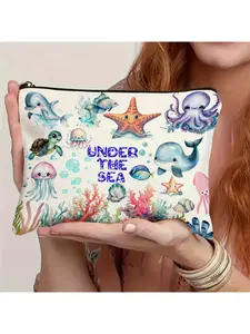 1 sturdy zipper storage bag with colorful turtle and marine theme - perfect for travel, vacation, outdoor activities, beach jewelry storage, gym use, camping - foldable, lightweight, washable, beach gear marine life pattern zipper bag