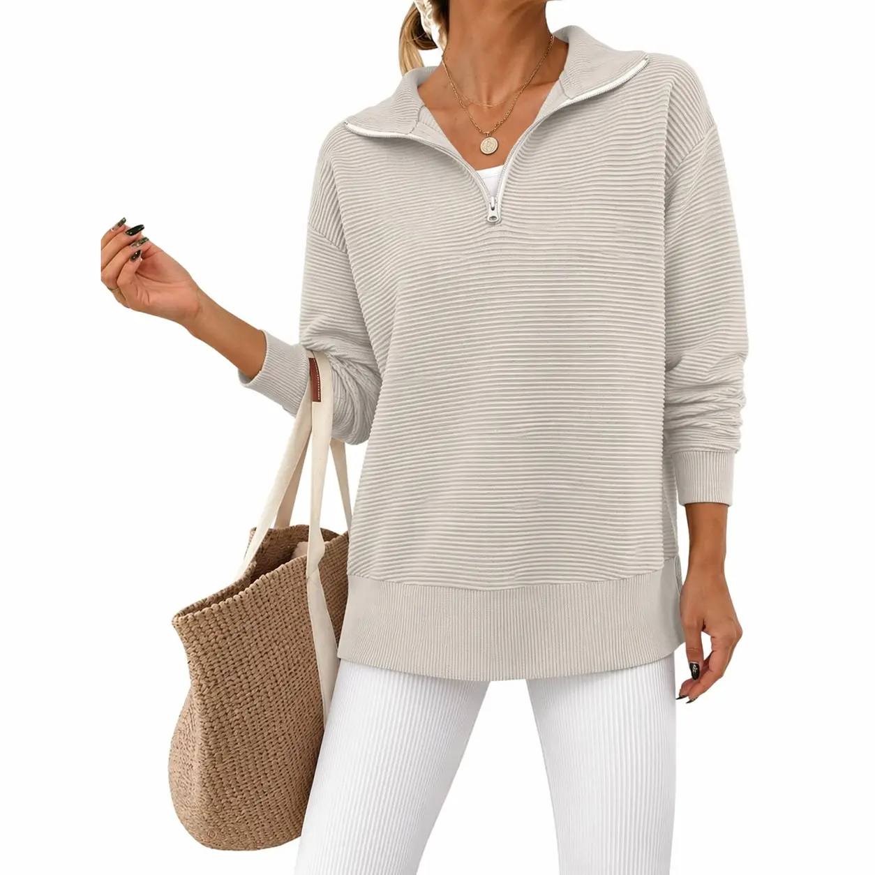 Ekouaer Women's  Casual Relaxed Fit, Lightweight Long Sleeve nylon fabric Top with Collar for Outdoors,Slit at the hem， Leggings, Skinny, Style, Basic, Collared, Comfortable, Loose