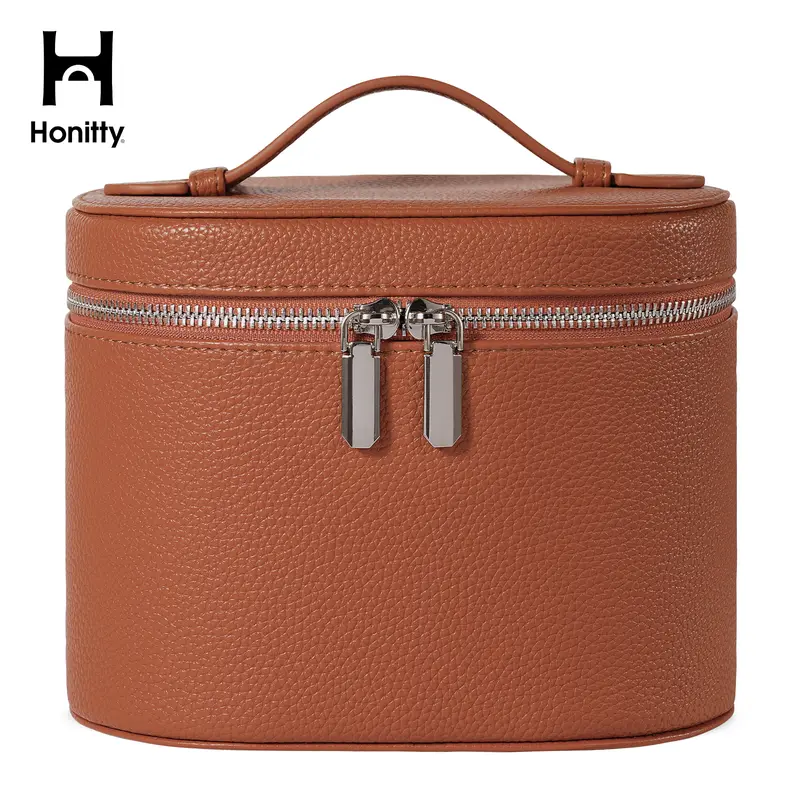 Honitty Makeup Organizer Bag with Removable Divider Travel Toiletry Cosmetic Case for Women Girls Portable Vanity Storage Box in PU Material