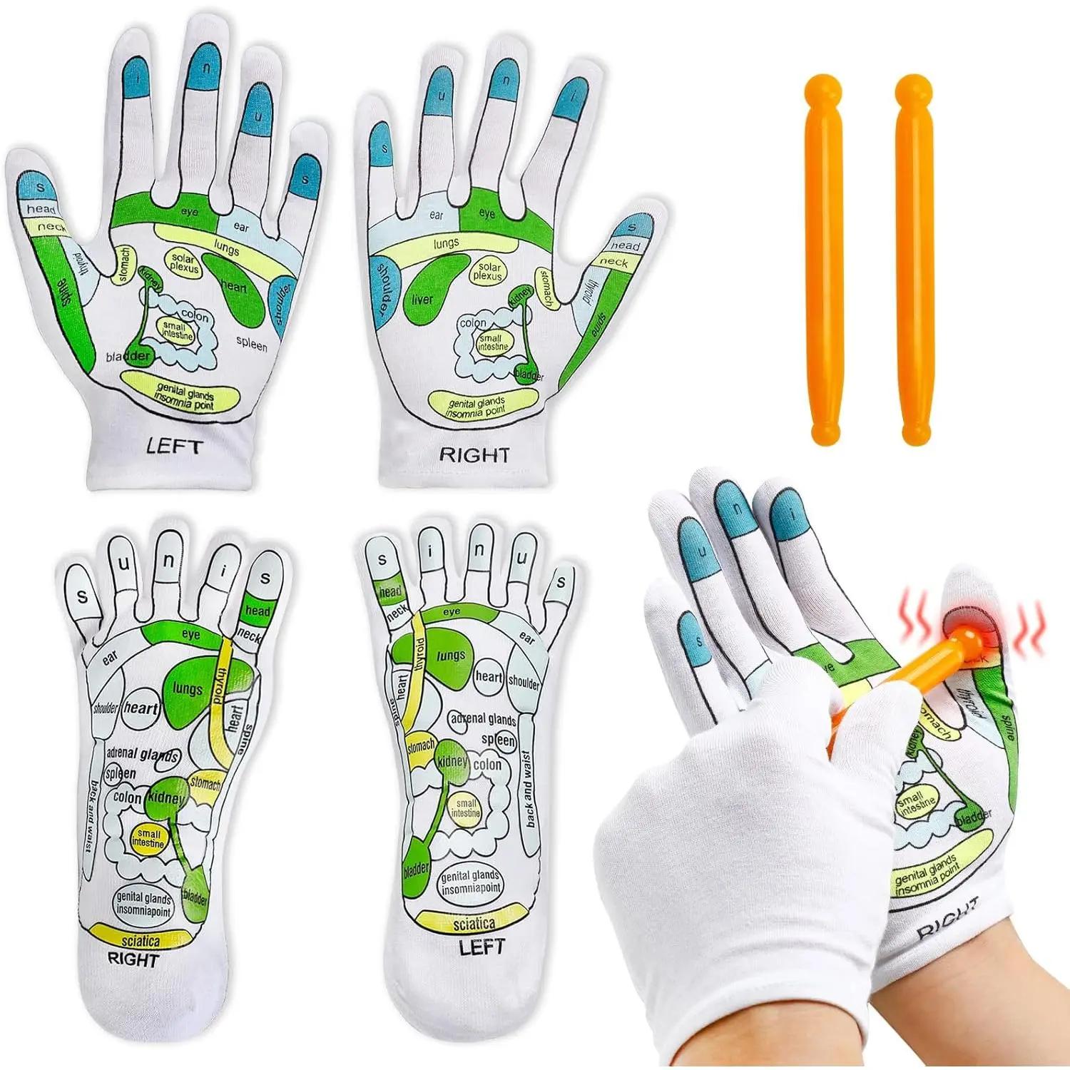 4PCS Reflexology Socks and Gloves Tool Set, Hand Spa and Foot Massage With Rod for Women and Men Tired Relieve, Stress Relief, Sticks, Adults, Family Members, Friends, Loved Ones