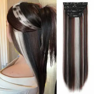 SummerVibes Clip in Long Straight/Wavy Synthetic Hair Extension 20Inch 4PCS Thick Hairpieces Fiber Double Weft Hair for Women Pinkish Purple mix Brown Black