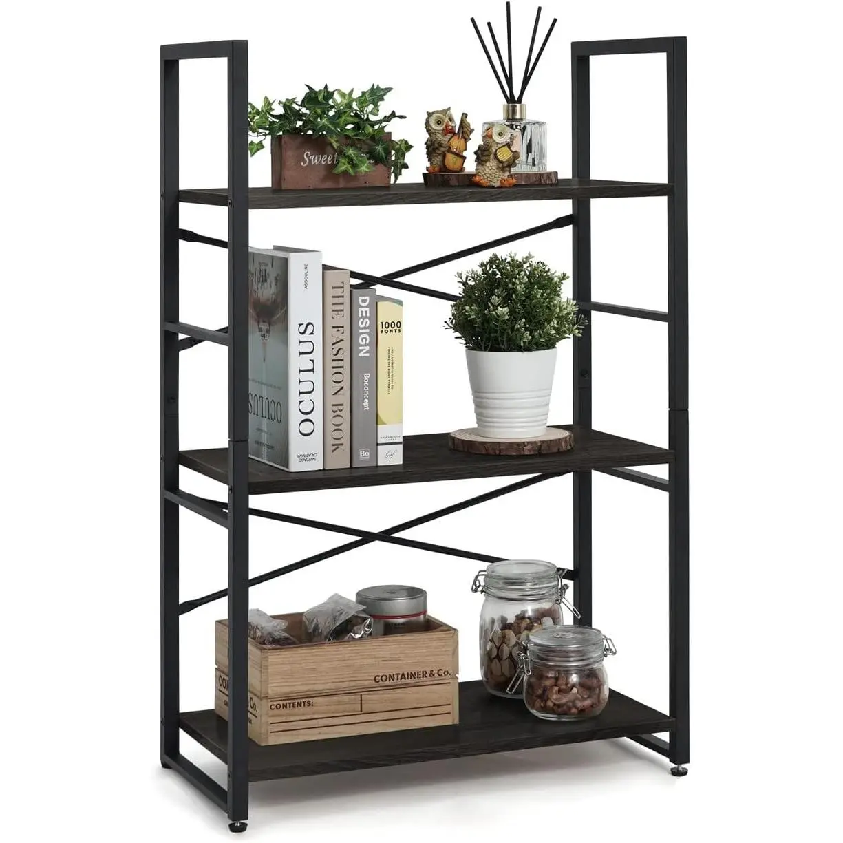 CAPHAUS 3 Tier Small Bookshelf, Bookcase Shelf Storage Organizer for Living Room, 24 Inch Width Free Standing Shelf,  Industrial Book Shelves for Home Office