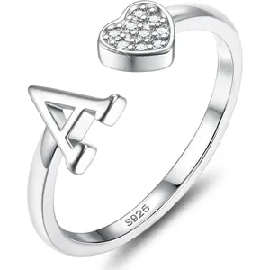 925 Sterling Silver Rings for Women Girls Adjustable Heart Initial Ring Stackable Thumb Ring Eternity Wedding Promise Engagement Rings A-Z Letter Rings Jewellery Gifts with Gift Box
