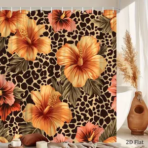 Hibiscus and leopard print pattern forest shower curtain design, polyester fabric, windows and walls, bathtub, bathroom home decoration shower curtain, all season universal shower curtain, bathroom decoration curtain, with 12 hooks