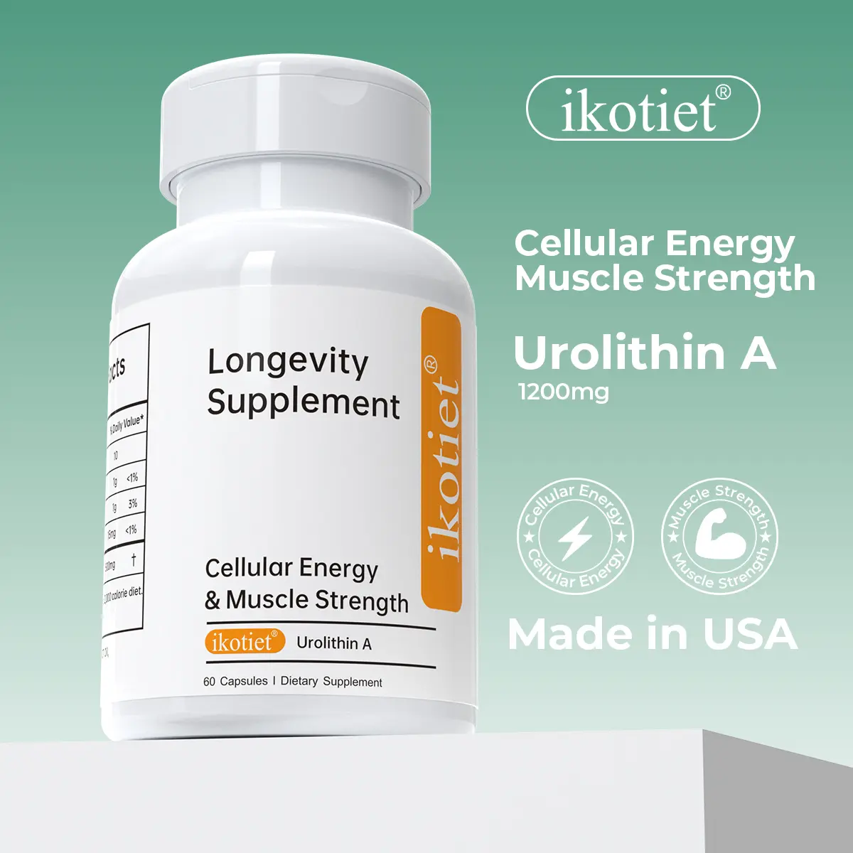 ikotiet 1200mg Urolithin A Clean Vegan MCT Healthcare Supplement - 3rd-Party Purity Tested for Adults, Cellular Renewal, Skin Repair, Muscle Strength - 60 Capsules