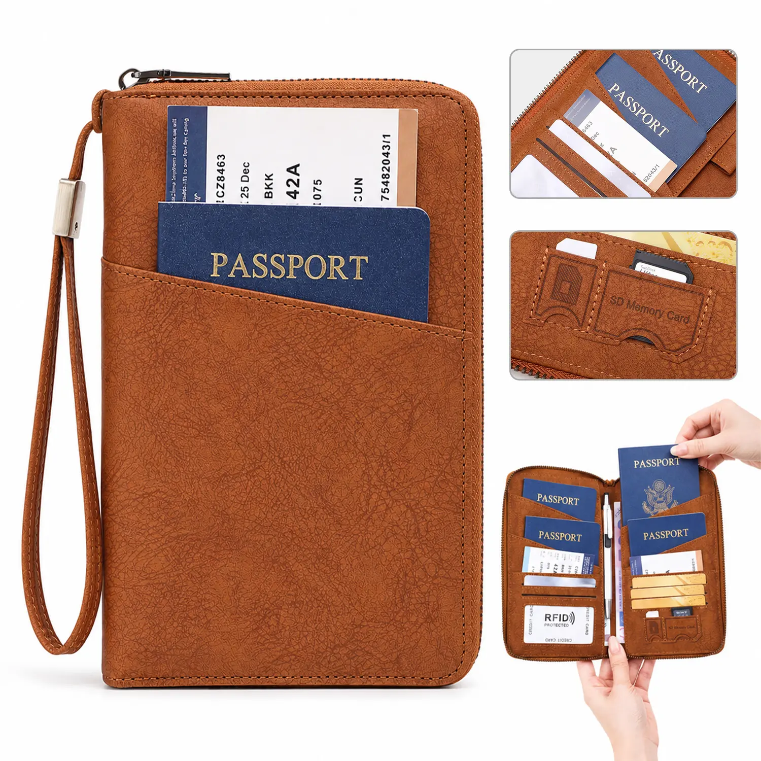 RFID Blocking Passport Holder, Multi Passport Travel Wallet Organizer with Zipper Closure, Detachable Wrist Strap, Travel Document Holder for Family Trips, Passport Cover & Travel Essentials