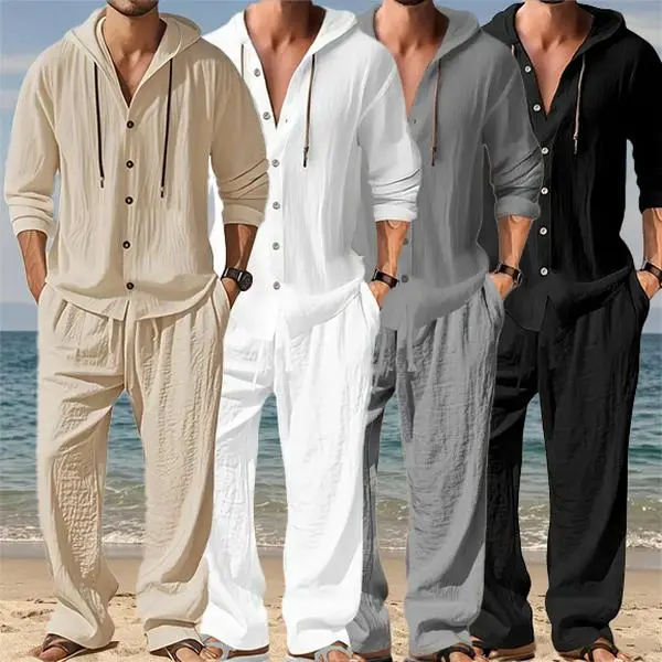 Men’s two-piece hooded  made from soft linen. Loose, relaxed fit, trendy  vacation street style, comfortable all day. henley hoo  blend