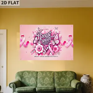 2D FLAT FLAG 1pc Pink Breast Cancer Awareness Month Polyester Banner - Vibrant Floral & Ribbon Design, No Electricity Needed, Perfect for Parties, Weddings, and Holiday Decor, Breast Cancer Awareness Decor | Floral Pattern Banner