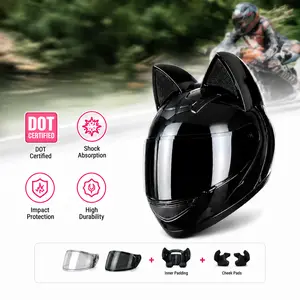 Cat Ear Motorcycle Helmet Unisex Full Face DOT Certified Lightweight Bluetooth Soft Ear Pads Aerodynamic Ventilation Cool Personalized Safety Gear for Men & Women – M Size Helmet with Adjustable Gift Liners (S & L Included), 2 Visors, Helmet Storage Bag