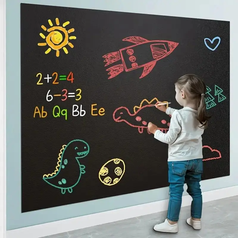One Roll Removable and Cuttable Chalkboard Wallpaper, 17.3 in x 78.7 in Self-Adhesive Vinyl Dry-Erase Chalkboard Wallpaper with Five Colored Chalks, Message Board Writing Surface for Office, School and Home, Dry Erase Reusable