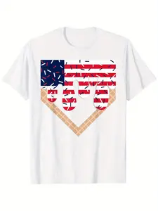 4th of July Red White and Blue Baseball Ice Cream Drip Boys T-Shirt for Boys Fashion Trend Bottoming Shirt Breathable, Casual Comfortable Top Streetwear Fashion Casual Summer Tee Crew Neck Short Sleeve T-Shirt Best Gift for Boy Girl