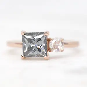 Toi et Moi Ring with a Princess Cut Gray Moissanite and a Round Clear Moissanite - Made to Order