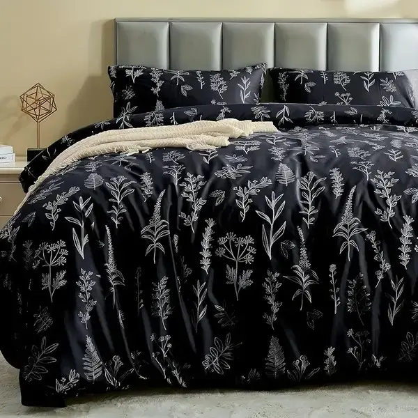 Queen Size 3-Piece Bedding Set, Botanical Designs Super Soft Bedding Set, Zippered and 4 Ties, 1 Duvet Cover 90"x90" & 2 Pillowcases, Warm, Breathable, Comfortable, Suitable for Bedroom