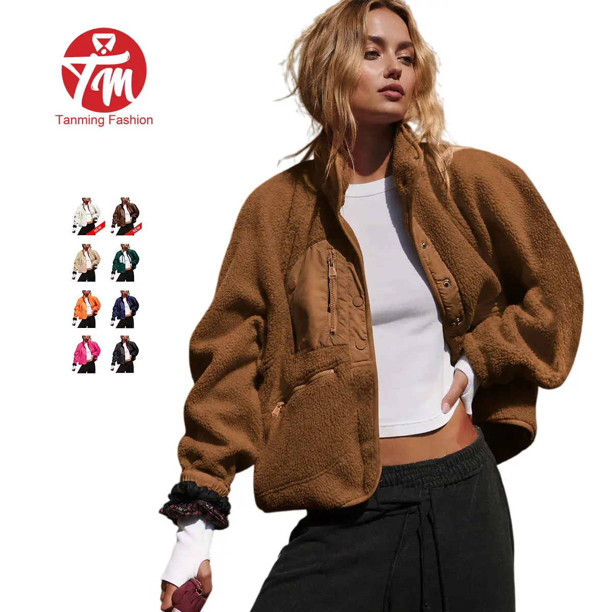 Tanming Women's Sherpa Button-Down Fuzzy Fleece Patchwork Bomber Jacket - High Neck, Long Sleeve, Minimalist Polyester Shacket Teddy Coat Tops Outerwear (Black Friday TikTokShop),summerwins