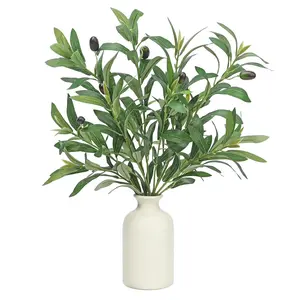 Artificial Olive Branches with Ceramic Vase, 3 Piece Faux Olive Plant Arrangement for Table Shelf Living Room Home Decor