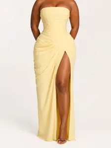 Sculpt Touch Women's Strapless Ruched Maxi Dress Elegant Split Evening Dress Lace-Up Back Formal Gown