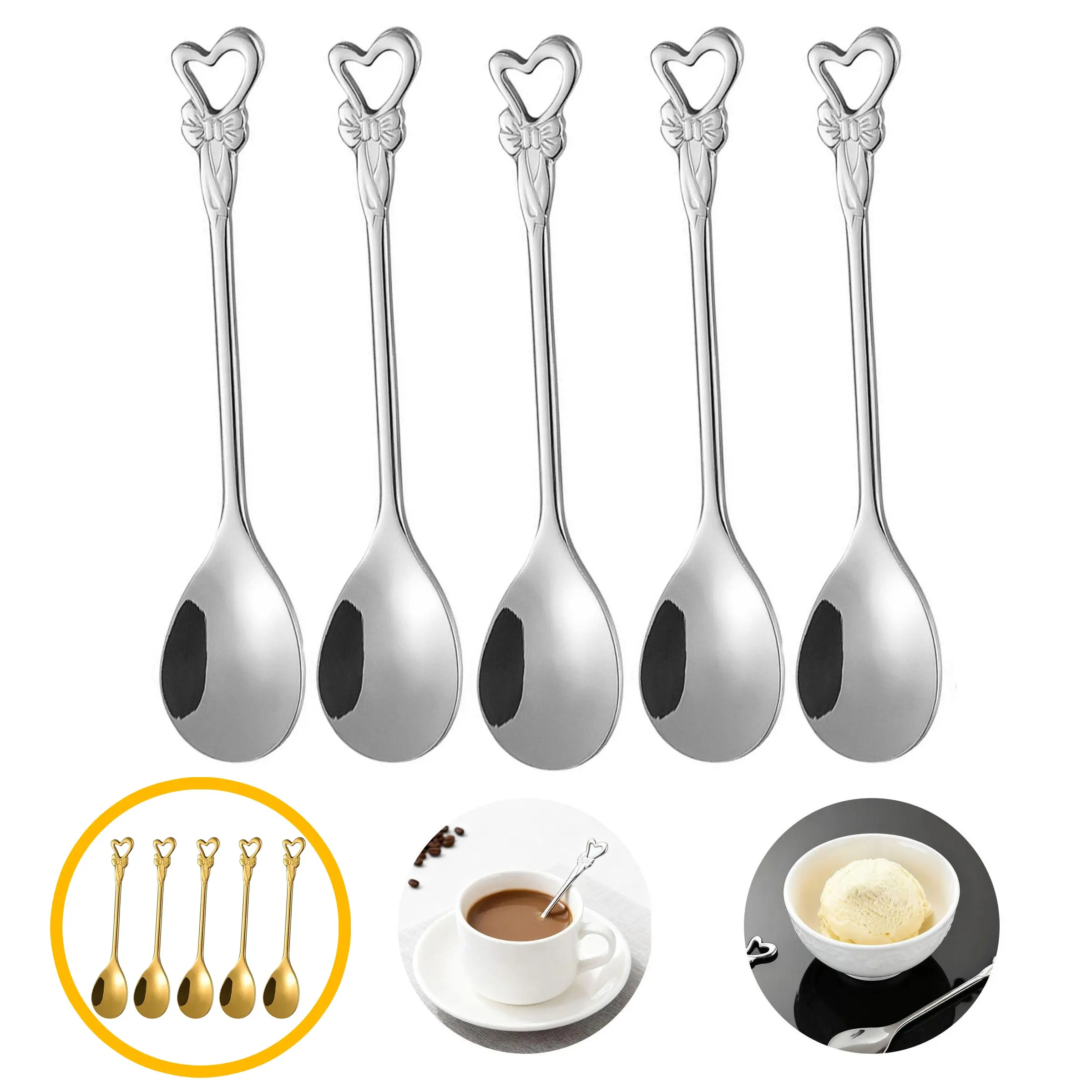 Heart-Shaped Creative Dessert Spoon, Gold & Silver Color, Spoons Stainless Steel, Durable Tableware, New Year Gift, Holiday Gift, Dishwasher Safe