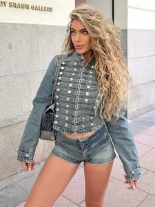 Women's Denim Jacket Wash Denim Military Jacket Summer Spring Bomber Jacket Mandarin Collar Silver Double-Breasted Buttons Short coat Cropped Length Long Sleeves Chic Faded Gradient Wash Street Style Casual Outings