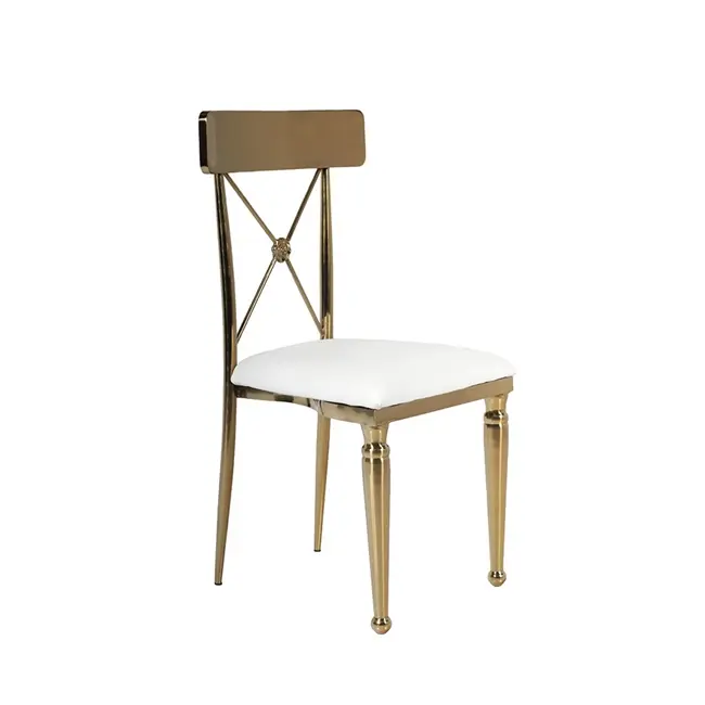 Luxury Gold Stainless Steel Cross Back Chair with White Cushion – Elegant Wedding & Event Seating