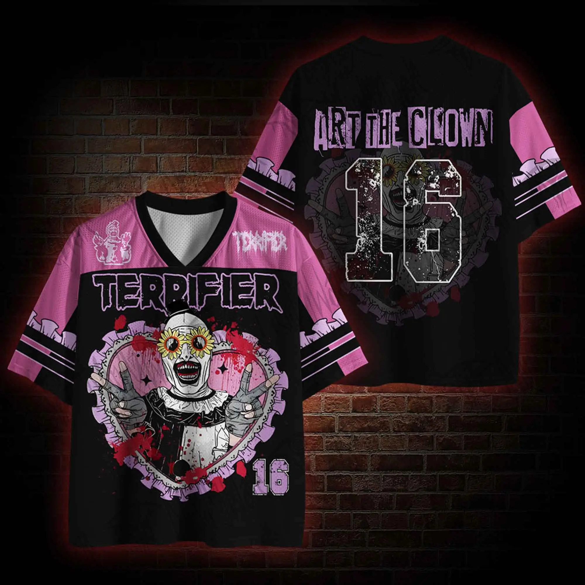 Pink Horror Clown Mesh Baseball Jersey, Slasher Killer Custom 16 Sport Shirt, Aesthetic Spooky Season Graphic Team Uniform, Novelty Halloween Party Costume Top