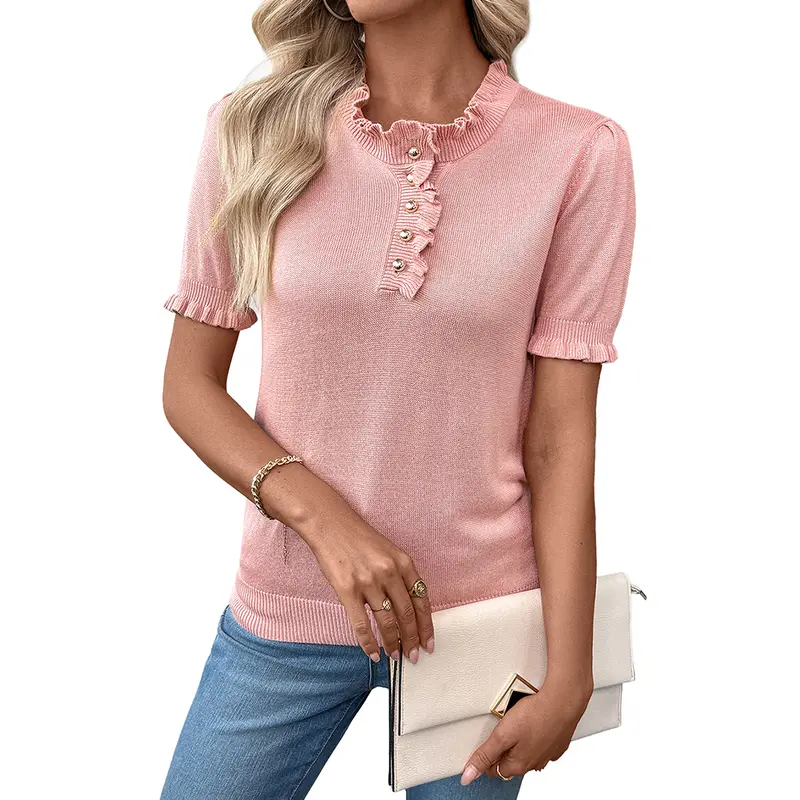 Shewin Women's Ruffle Trim Short Sleeve Knit Soft Top - Crew Neck, Half Buttons, Lightweight, Feminine, Adjustable, Basic Fit, Breathable Casual Pullover Blouse, Back to School Outfits