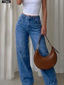 Women's Vintage Distressed Pearl Fitted Jeans, Fashionable and Comfortable, Perfect for Trendy, Stylish Denim Jeans for Everyday Wear, Pants
