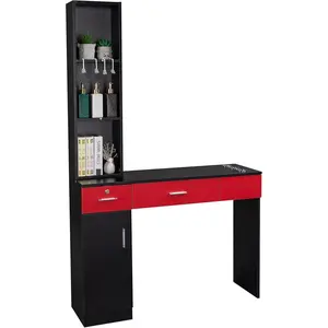 OmySalon Salon Stations for Hair Stylist, Locking Barber Station Organizer, Wall Mount Hair Styling Equipment with 2 Drawers, 1 Storage Cabinet, 3 Open Shelves, for Beauty Spa Hairdresser, Black&Red