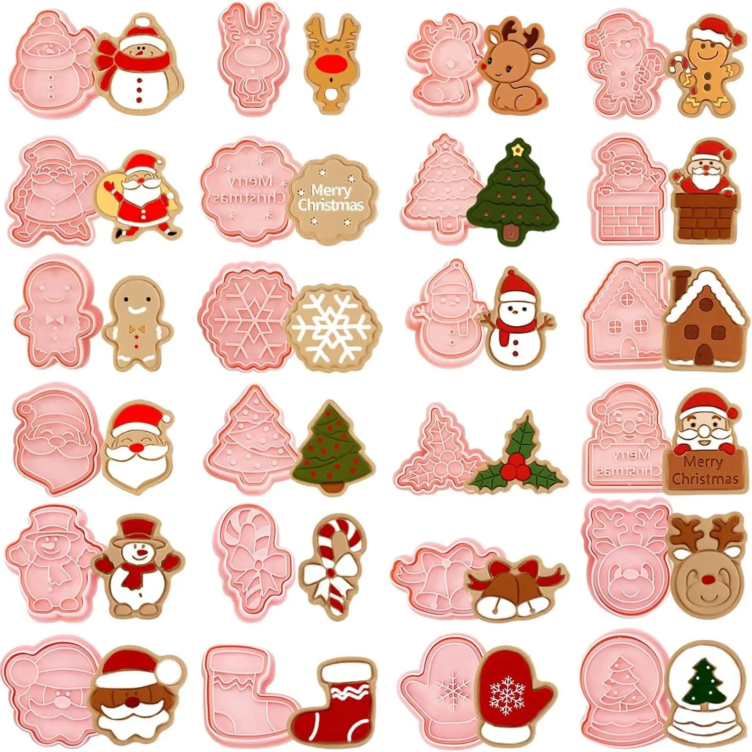 24 Pieces Christmas Cookie Stamps Gingerbread Cookie Cutters Christmas Embossing Santa Claus Reindeer Snowman Shapes 3D Plastic Cookie Molds Baking Holiday Party Supplies