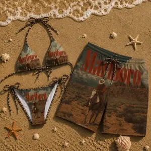 Marlboro Desert Cowboy Print Bikini Set & Men’s Swim Shorts – Vintage Western Aesthetic Couple Beachwear, Summer Vacation Outfit, Bold Graphic Style