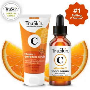 TruSkin Get Up & Glow Bundle - Vitamin C Facial Serum with Hyaluronic Acid & Aloe + Tahitian White Sand Face Scrub for Brightening & Smoothing Skin
