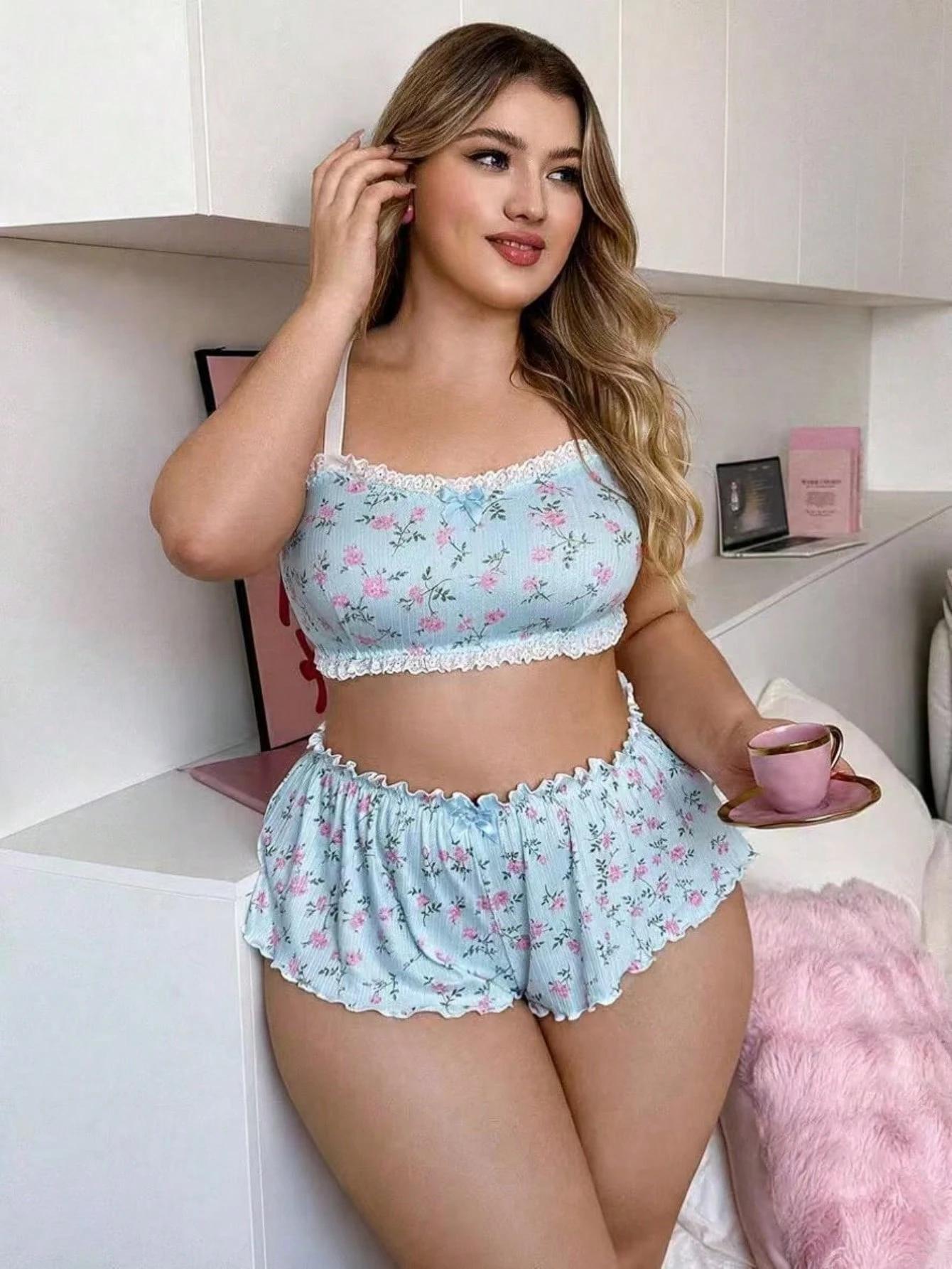 VYNCE Plus Size Women Sexy Printed Ruffle Lingerie Set 2pcs Intimates Nightwear Sleepwear Matching Set Cute Comfy Valentine's Day Gift For Her