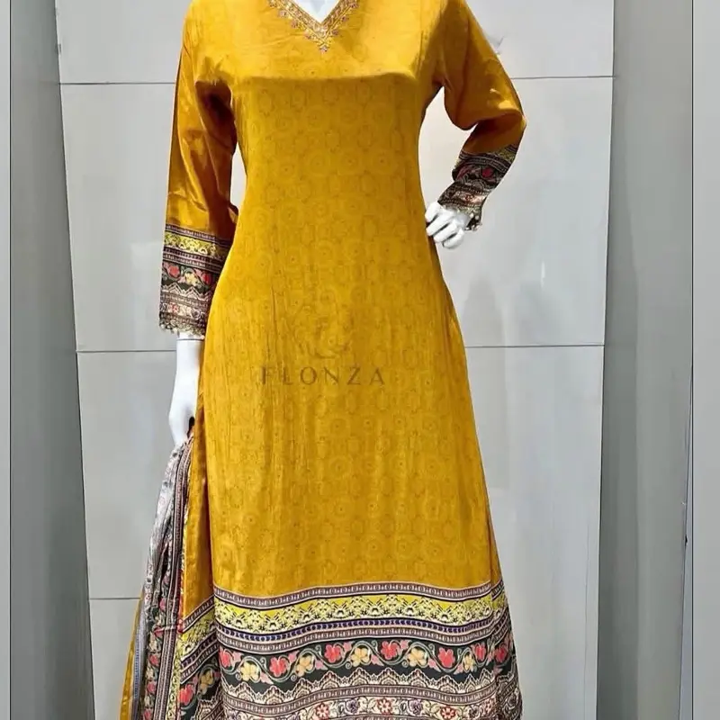 Mustard Yellow Pakistani 3-Piece Anarkali Suit Set - Fabric crepe - Intricate Neckline Embroidery, Decorative Printed Border and a printed dupatta. Elegant Party Style Outfit