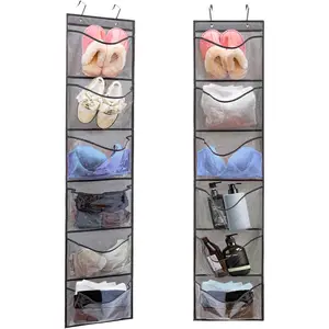 2 Pack Over the Door Shoe Organizer Shelve for Closet Clothes Holder with 6 Large Pockets (Clear Pockets - 2 Pack)