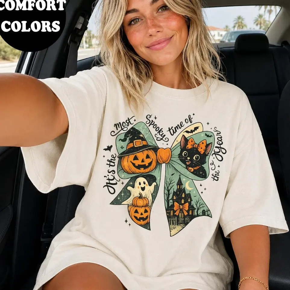 Comfort Colors It's the Most Spooky Time of the Year Shirt | Halloween Bow Tee | Cute Black Cat Ghost Pumpkin Shirt | Vintage Halloween Comfort Colors Tee